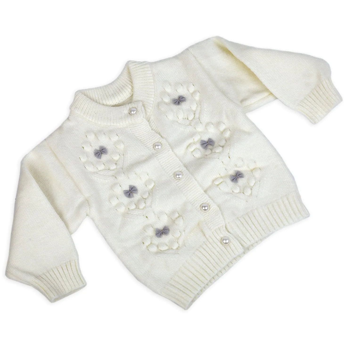 Elegant Bow And Pearl Buttons Premium Full Sleeves Knitted Sweater - Off White