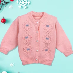 Elegant Bow And Pearl Buttons Premium Full Sleeves Knitted Sweater - Pink