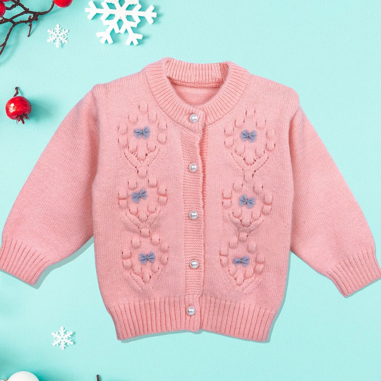Elegant Bow And Pearl Buttons Premium Full Sleeves Knitted Sweater - Pink
