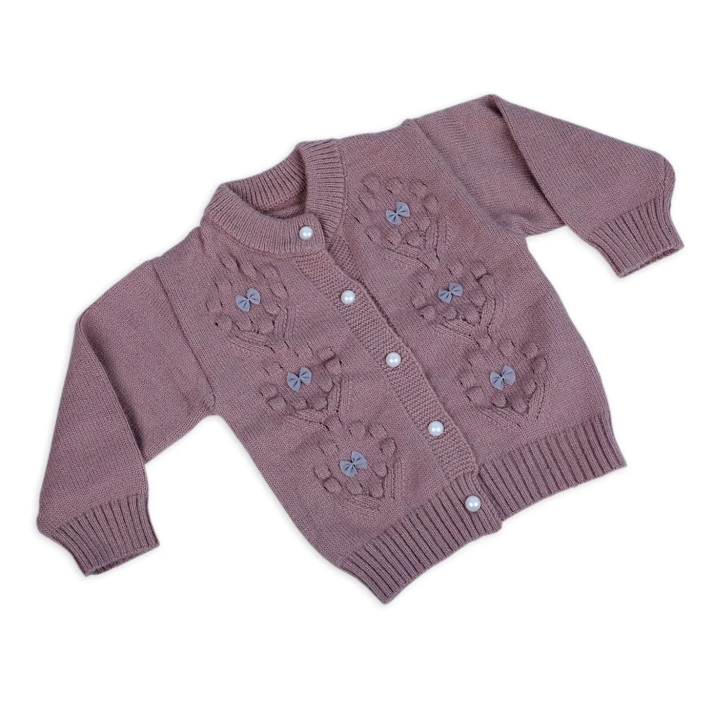 Elegant Bow And Pearl Buttons Premium Full Sleeves Knitted Sweater - Mauve