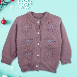 Elegant Bow And Pearl Buttons Premium Full Sleeves Knitted Sweater - Mauve