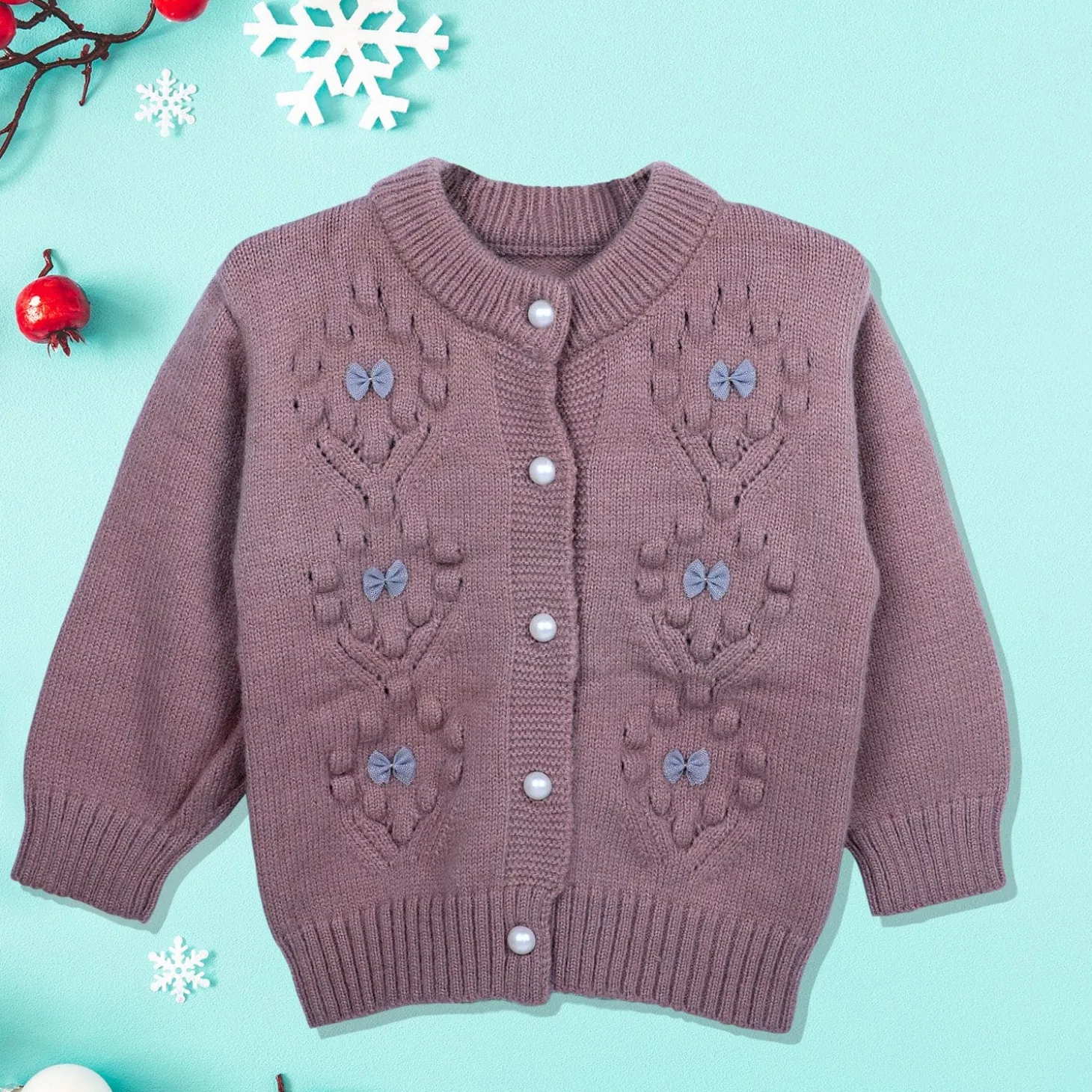 Elegant Bow And Pearl Buttons Premium Full Sleeves Knitted Sweater - Mauve