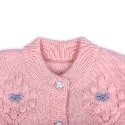 Elegant Bow And Pearl Buttons Premium Full Sleeves Knitted Sweater - Pink