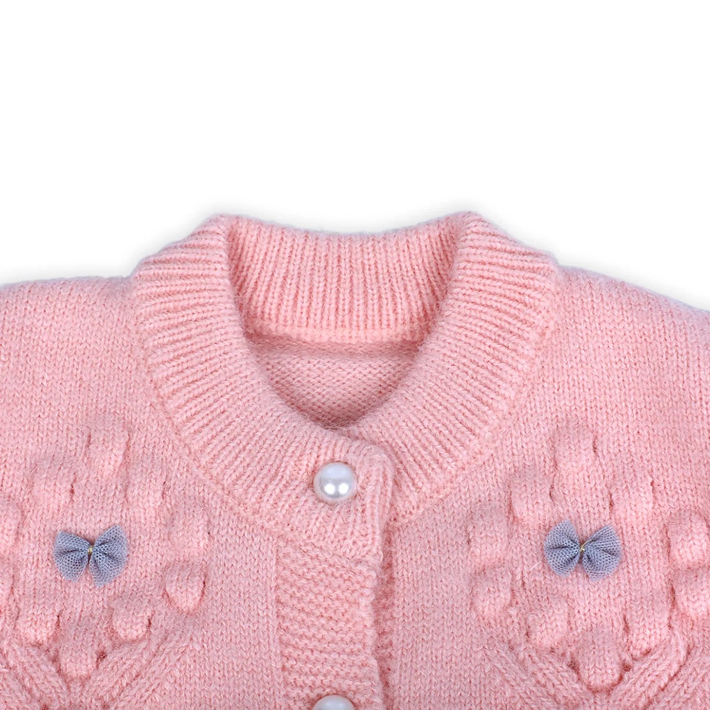 Elegant Bow And Pearl Buttons Premium Full Sleeves Knitted Sweater - Pink