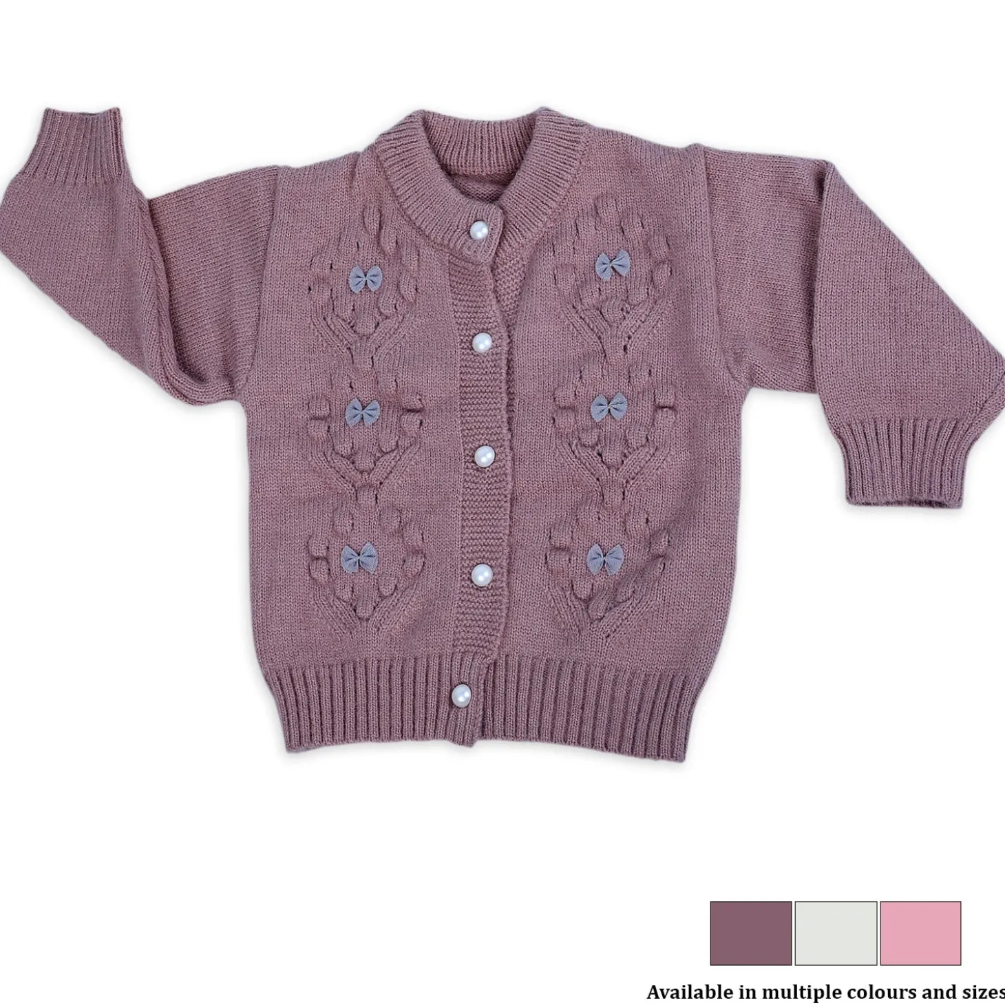 Elegant Bow And Pearl Buttons Premium Full Sleeves Knitted Sweater - Mauve