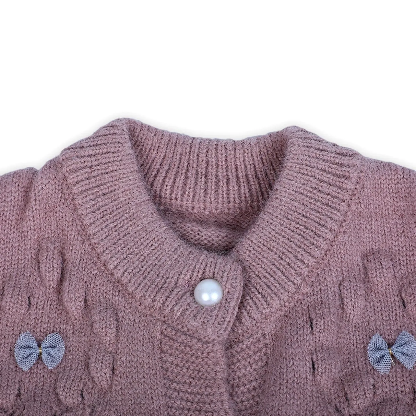 Elegant Bow And Pearl Buttons Premium Full Sleeves Knitted Sweater - Mauve