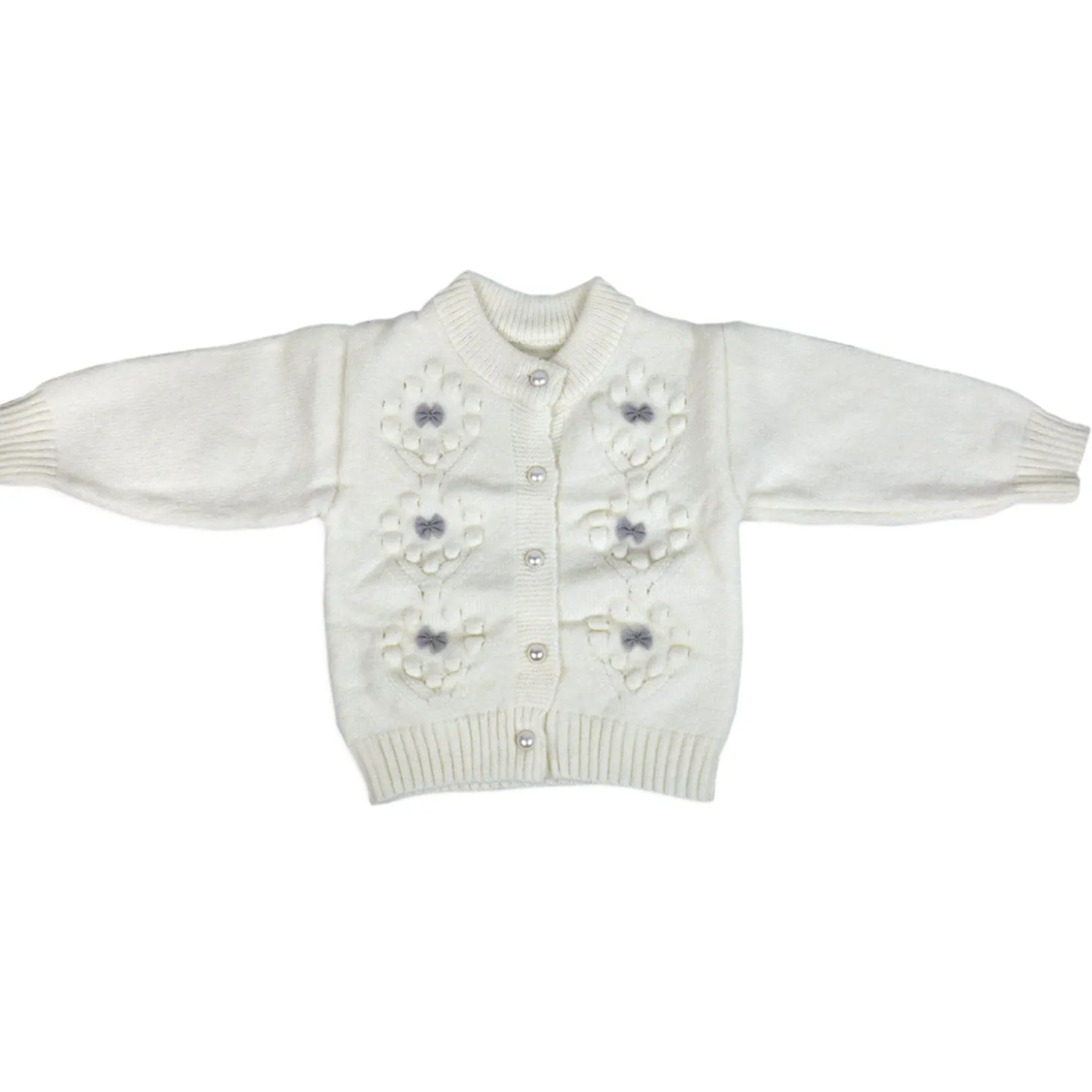 Elegant Bow And Pearl Buttons Premium Full Sleeves Knitted Sweater - Off White