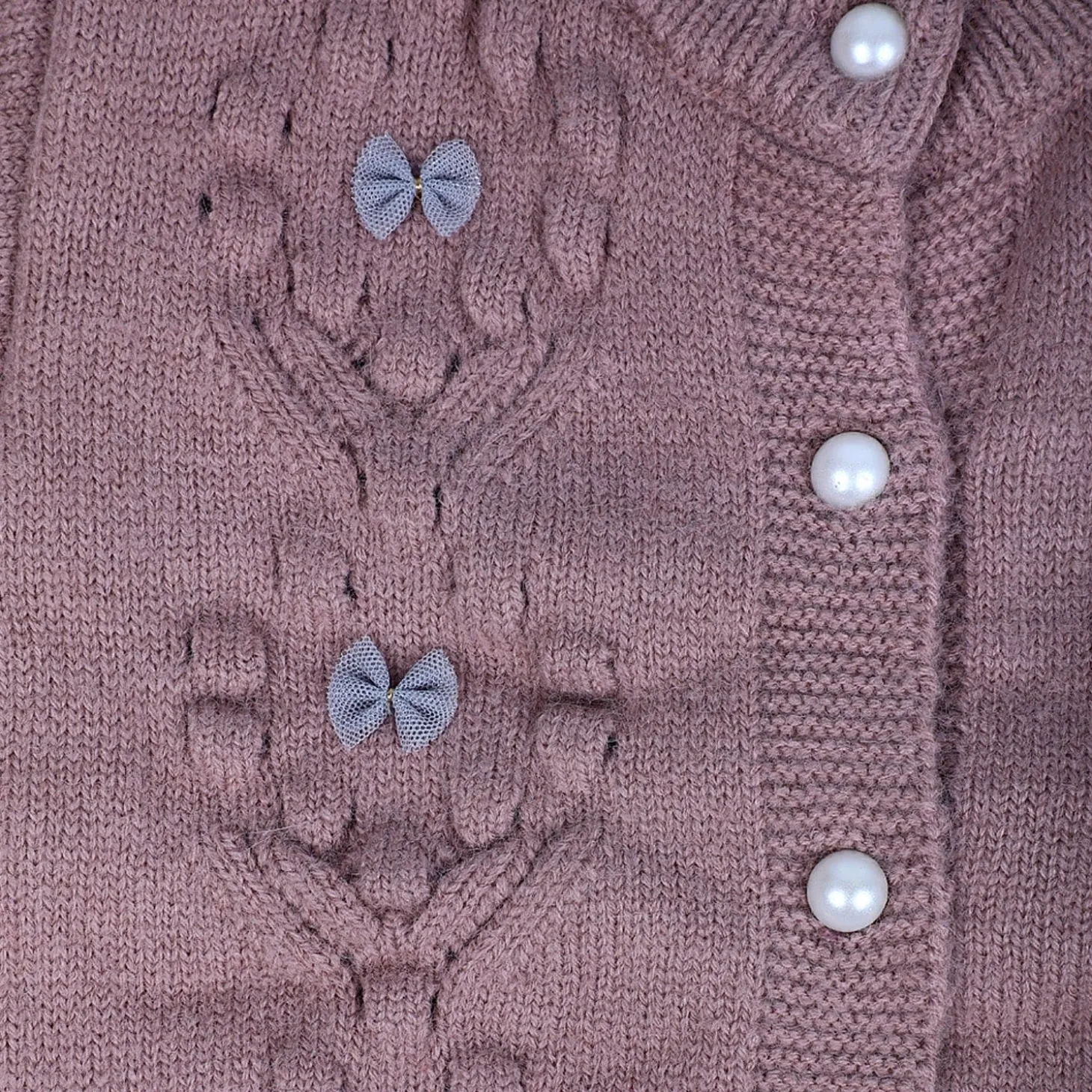 Elegant Bow And Pearl Buttons Premium Full Sleeves Knitted Sweater - Mauve