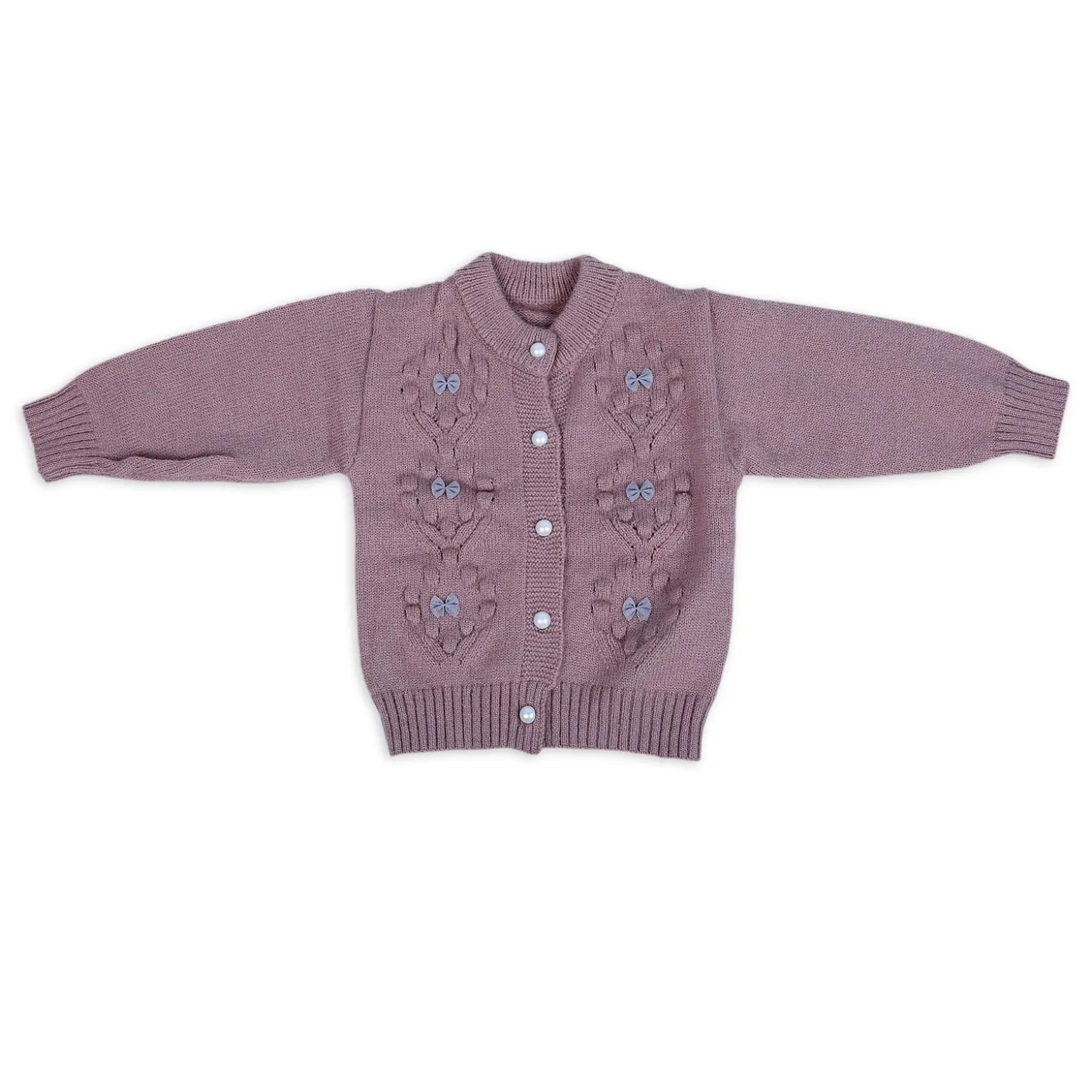Elegant Bow And Pearl Buttons Premium Full Sleeves Knitted Sweater - Mauve