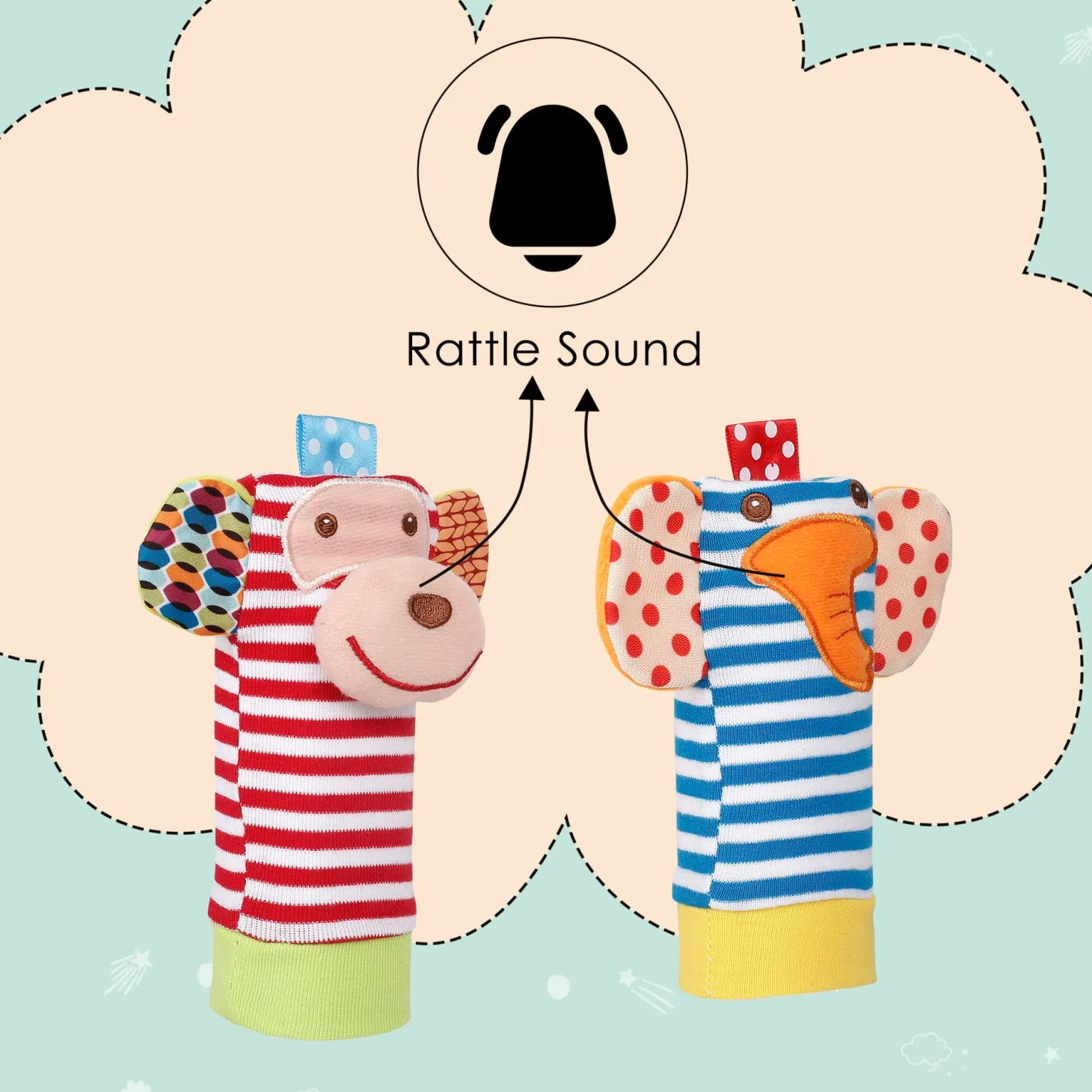 Elephant And Monkey Multicolour Set of 2 Socks Rattle