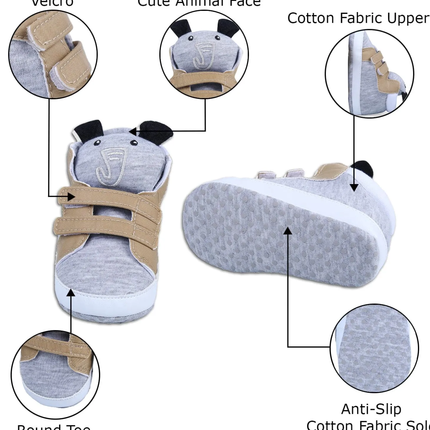Elephant Cute And Stylish Comfy Velcro Booties - Grey