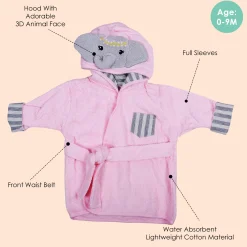Elephant Face Cotton Hooded Full Sleeves Bathrobe - Pink