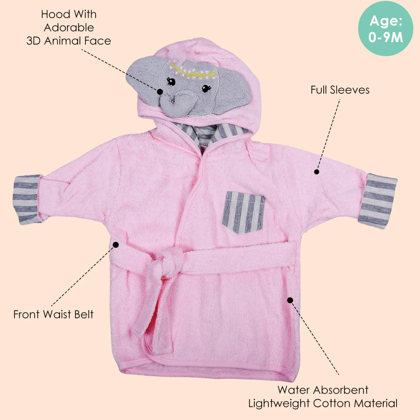 Elephant Face Cotton Hooded Full Sleeves Bathrobe - Pink