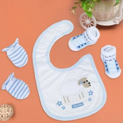 Embroidered Sheep Newborn Feeding Bib Mittens Socks Matching GIft Set Of 3 Bibs & Socks - Multicolour