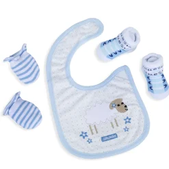 Embroidered Sheep Newborn Feeding Bib Mittens Socks Matching GIft Set Of 3 Bibs & Socks - Multicolour