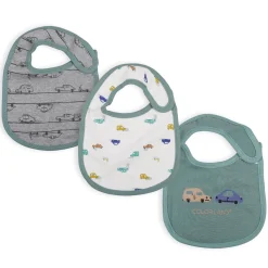Feeding Bibs Pack Of 3 Cartoon Car Printed Green And Grey
