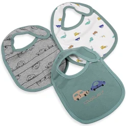 Feeding Bibs Pack Of 3 Cartoon Car Printed Green And Grey