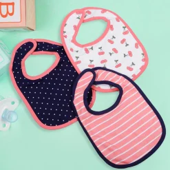 Feeding Bibs Pack Of 3 Cherry, Striped And Polka Pink Blue