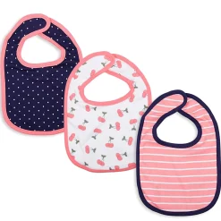 Feeding Bibs Pack Of 3 Cherry, Striped And Polka Pink Blue