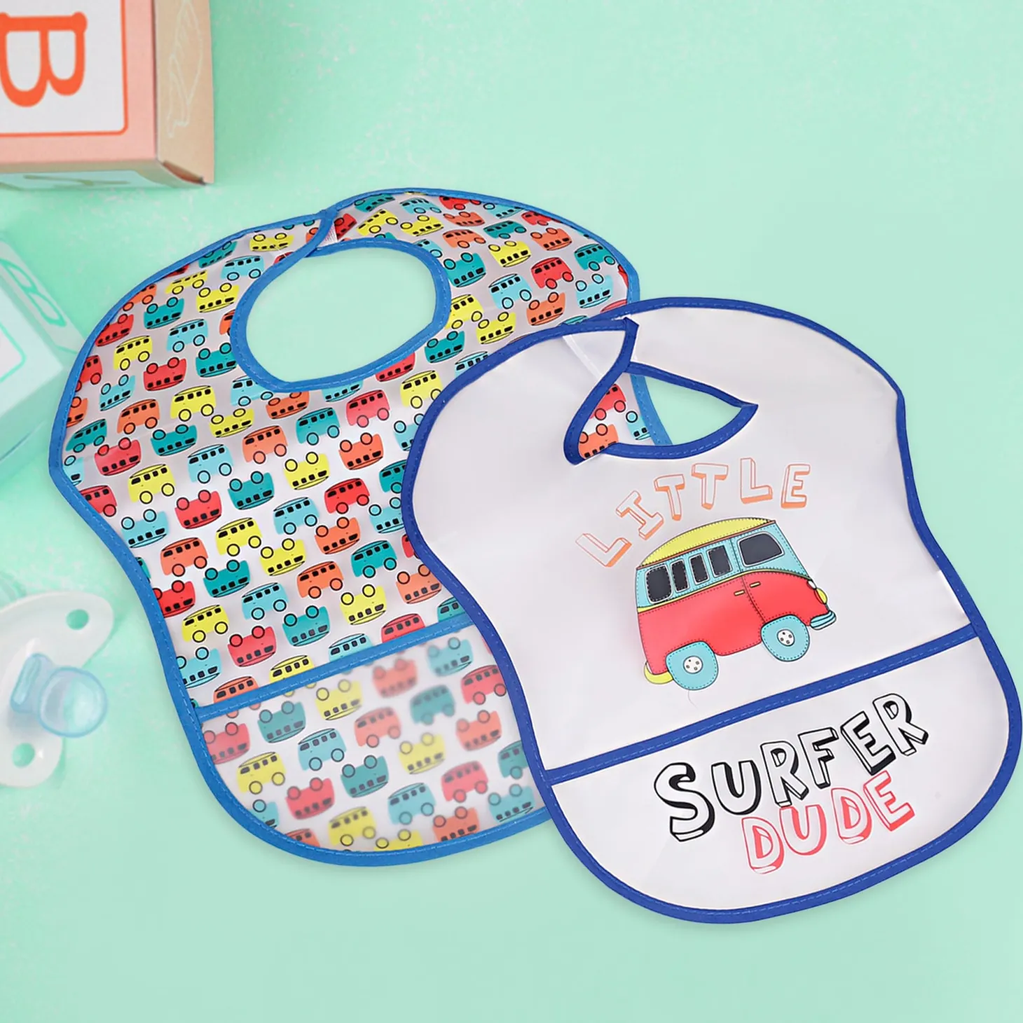 Feeding Bibs Pack Of 2 Crumb Catcher Waterproof Surfer Dude Blue