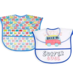 Feeding Bibs Pack Of 2 Crumb Catcher Waterproof Surfer Dude Blue