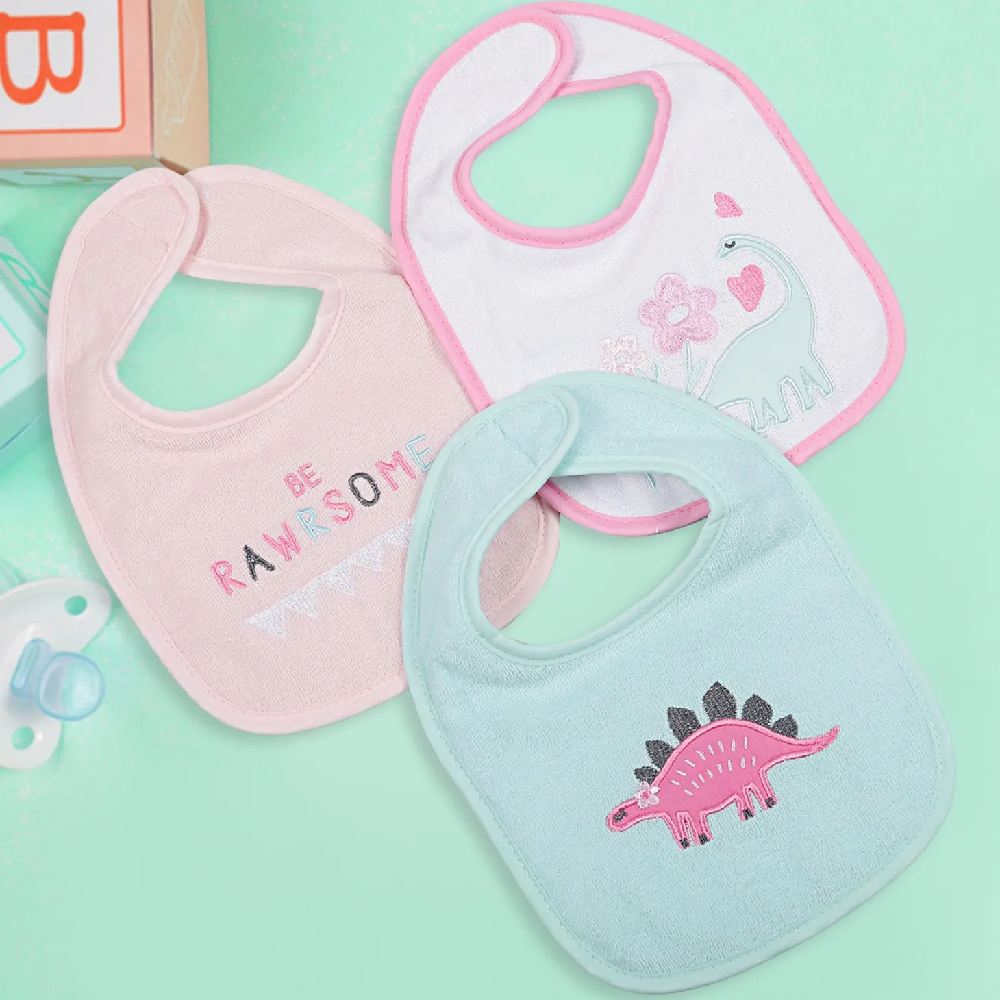 Feeding Bibs Pack Of 3 Rawrsome Dino Pink And Green