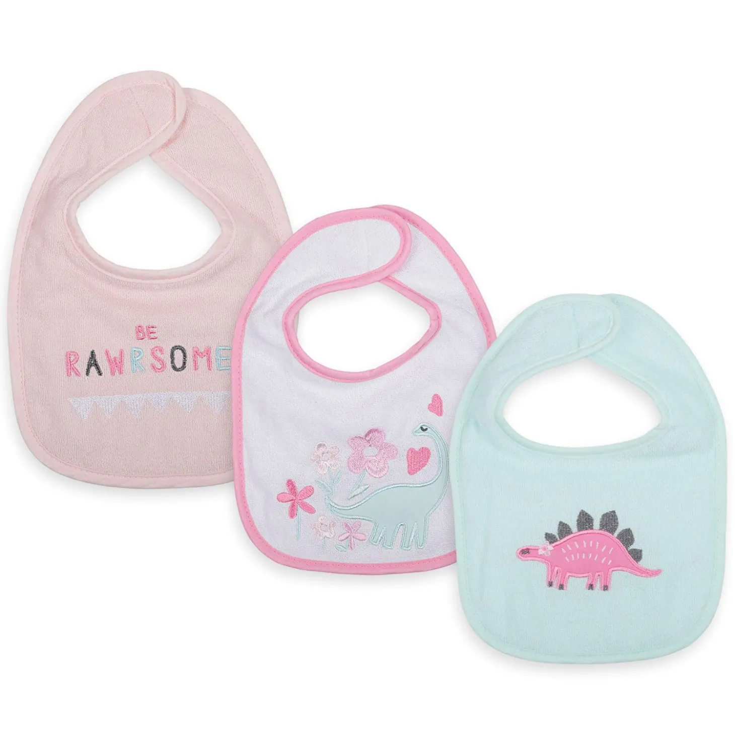 Feeding Bibs Pack Of 3 Rawrsome Dino Pink And Green