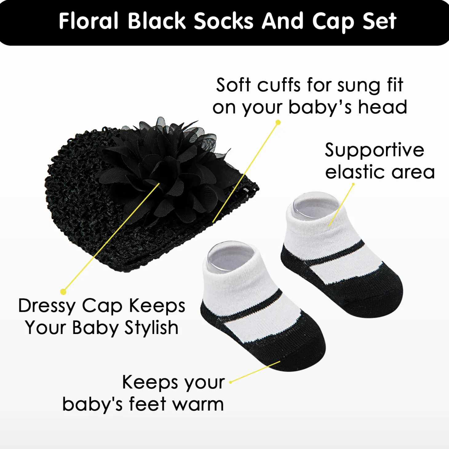 Floral Black Socks And Cap Set
