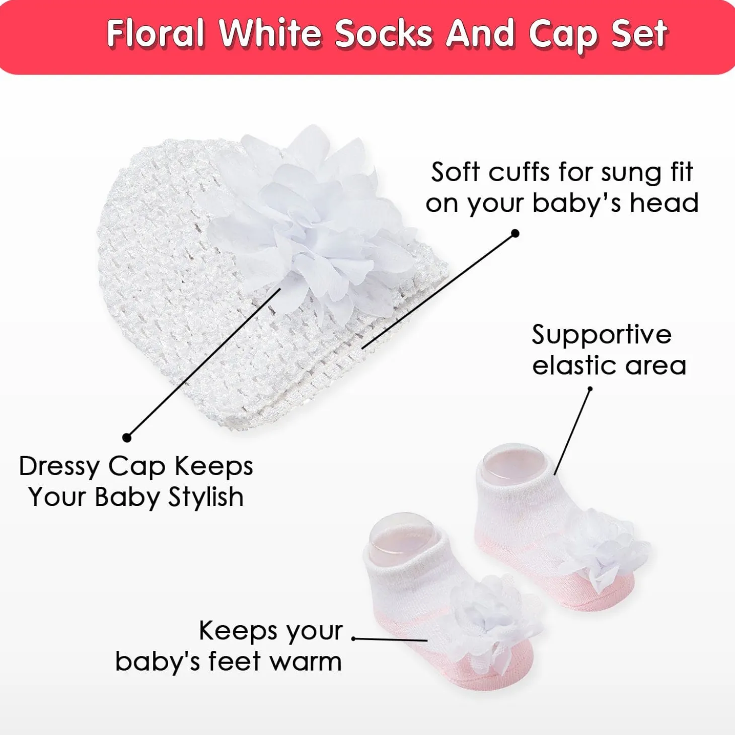 Floral White Socks And Cap Set