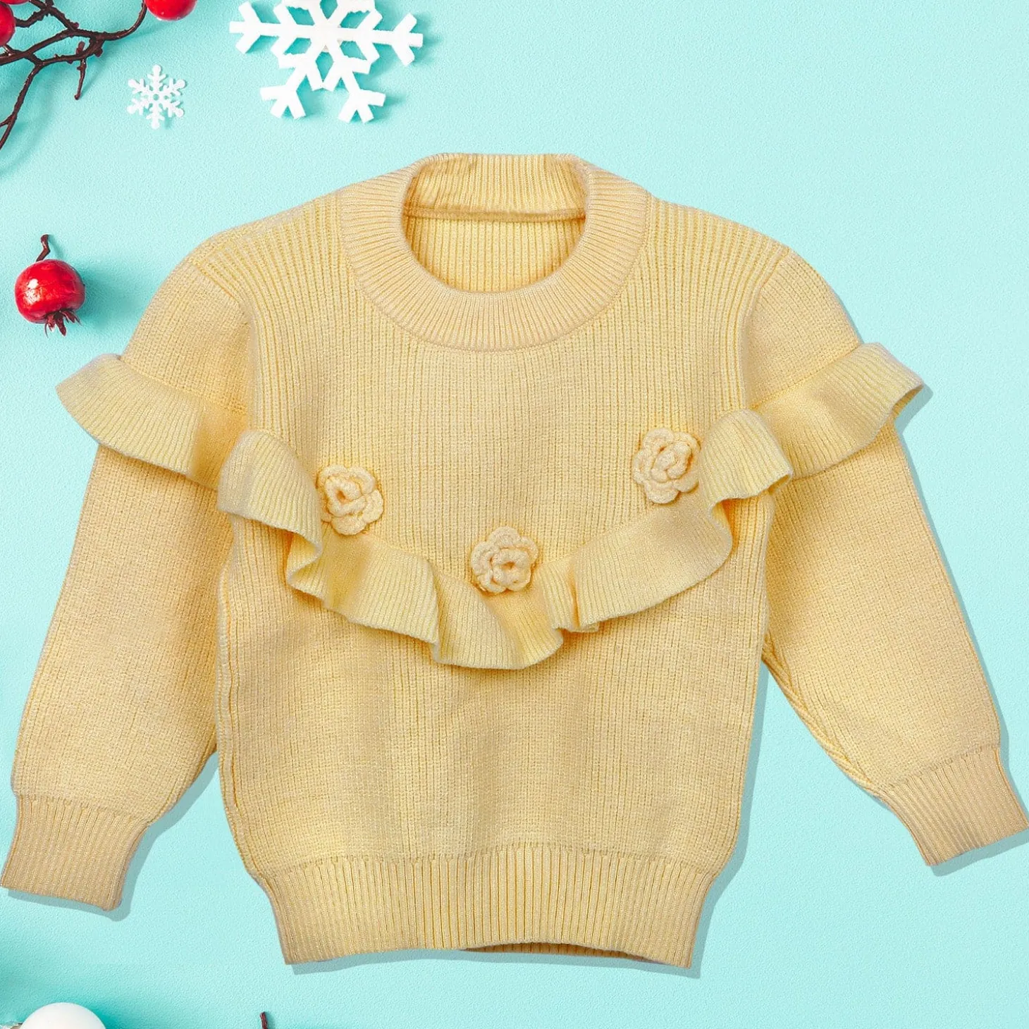 Flowers And Frills Premium Full Sleeves Knitted Sweater - Yellow