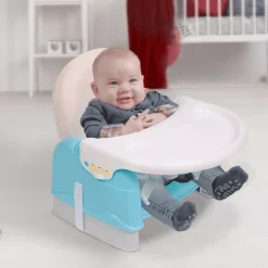 Foldable Feeding Booster Seat Adjustable Height And Food Tray Blue