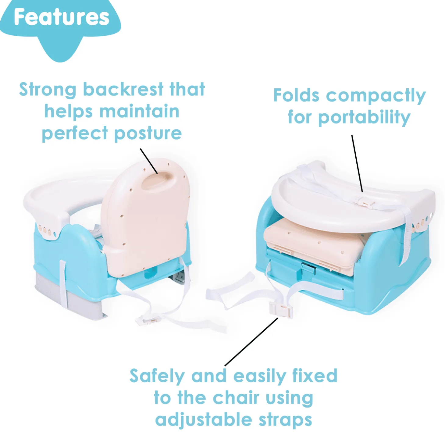 Foldable Feeding Booster Seat Adjustable Height And Food Tray Blue