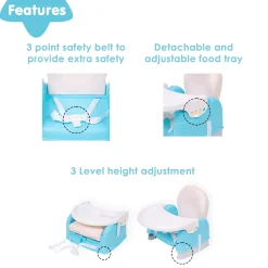 Foldable Feeding Booster Seat Adjustable Height And Food Tray Blue