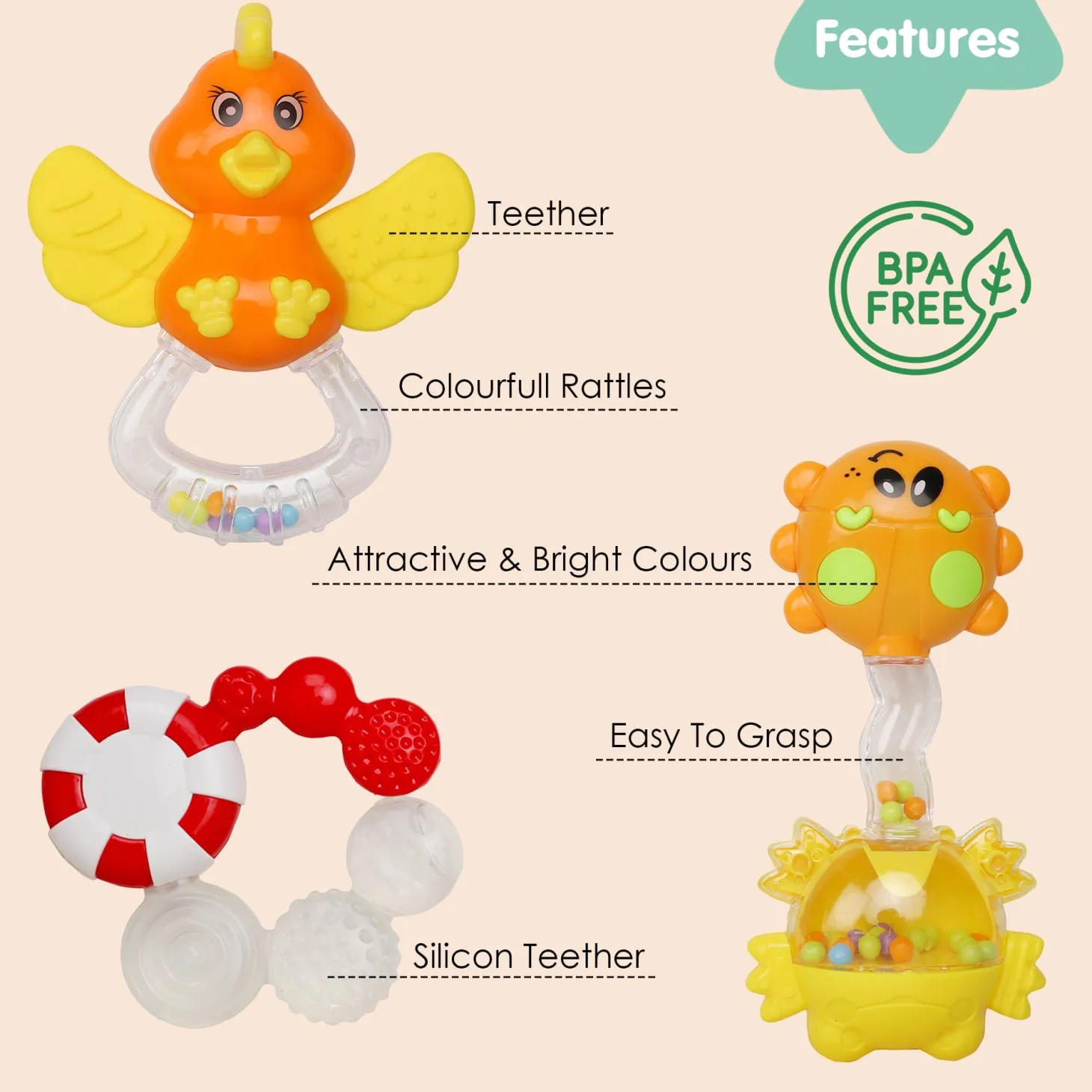 Fun-filled Multicolour Set of 3 Musical Rattle Teether