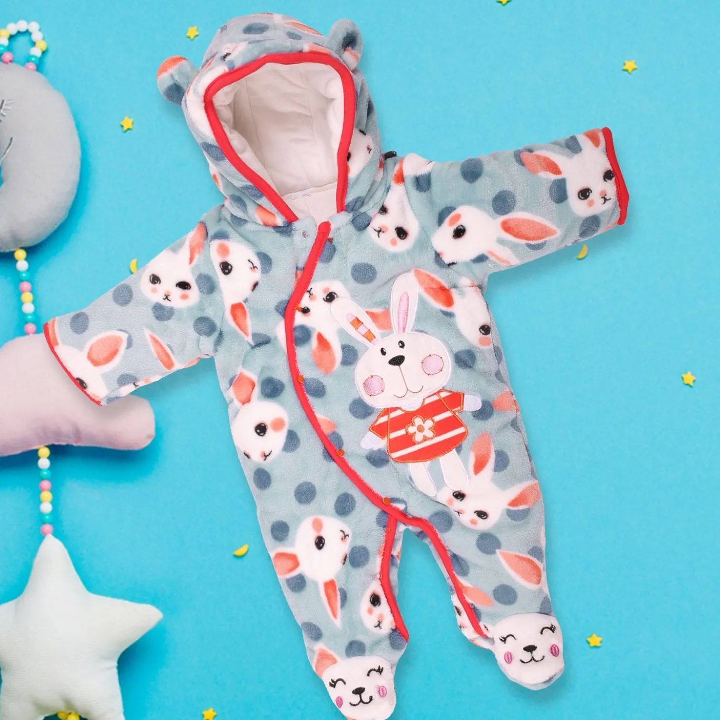 Fuzzy Bunny Blue Winter Quilted Hooded Romper