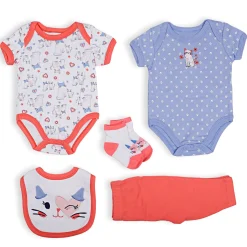 Gift Set Of 5 Bib Body Suits Pant And Socks Cat Multicolour
