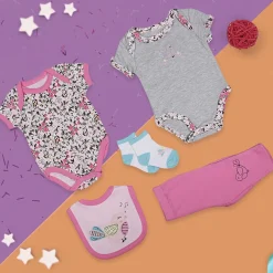 Gift Set Set Of 5 Bib Body Suits Pant And Socks Floral Pink
