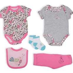 Gift Set Set Of 5 Bib Body Suits Pant And Socks Floral Pink