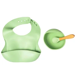 Green Waterproof Silicon Bib And Bowl Set
