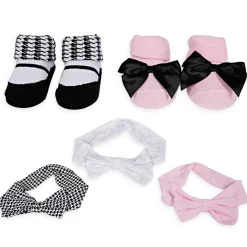 3 Headbands And 2 Pair Socks Gift Set Houndstooth Pink White