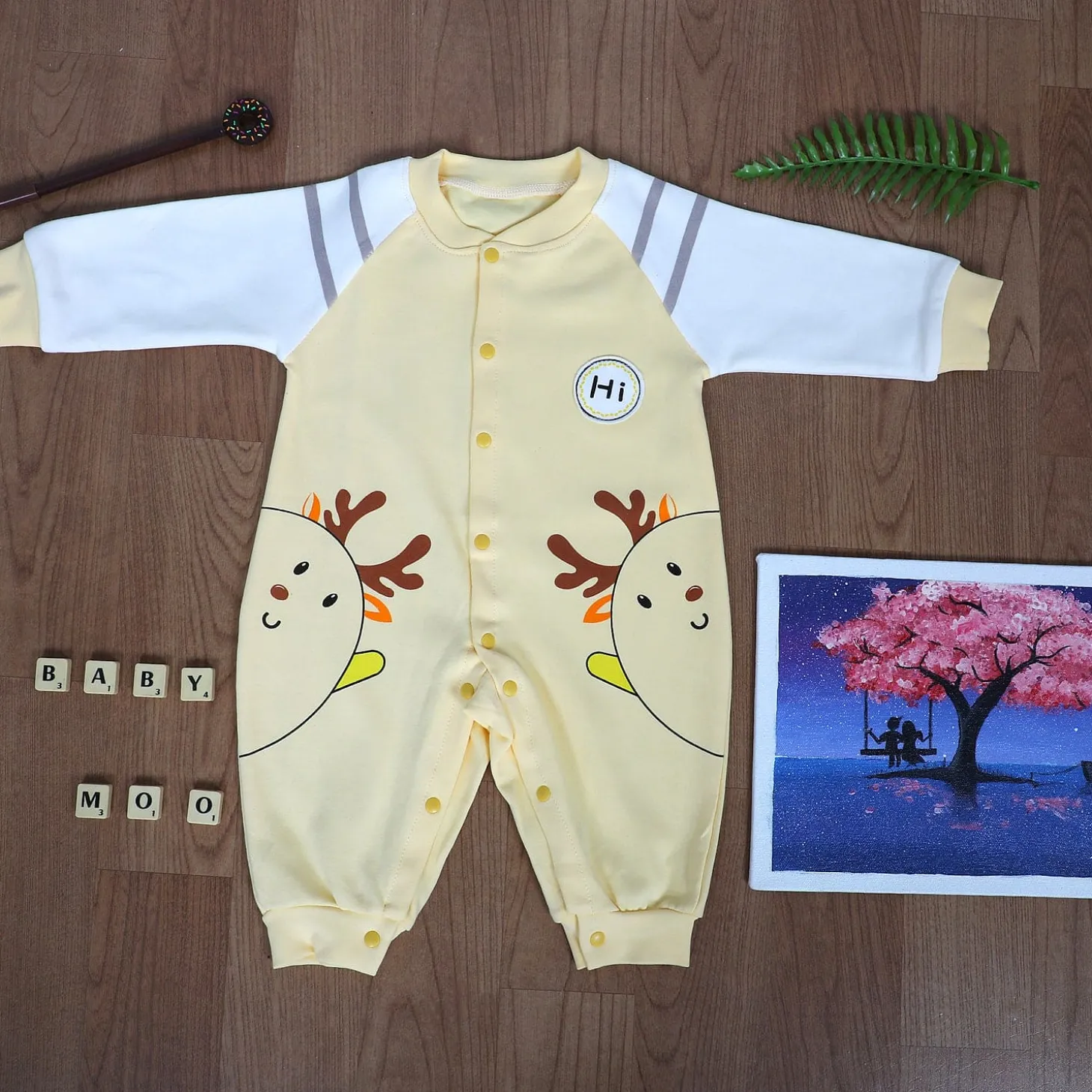 Hi Reindeer Full Sleeves Ankle Length One-Piece Snap Button Bodysuit - Yellow