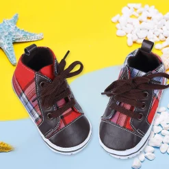 High Top Lace-Up Checked Stylish Sneaker Booties - Red