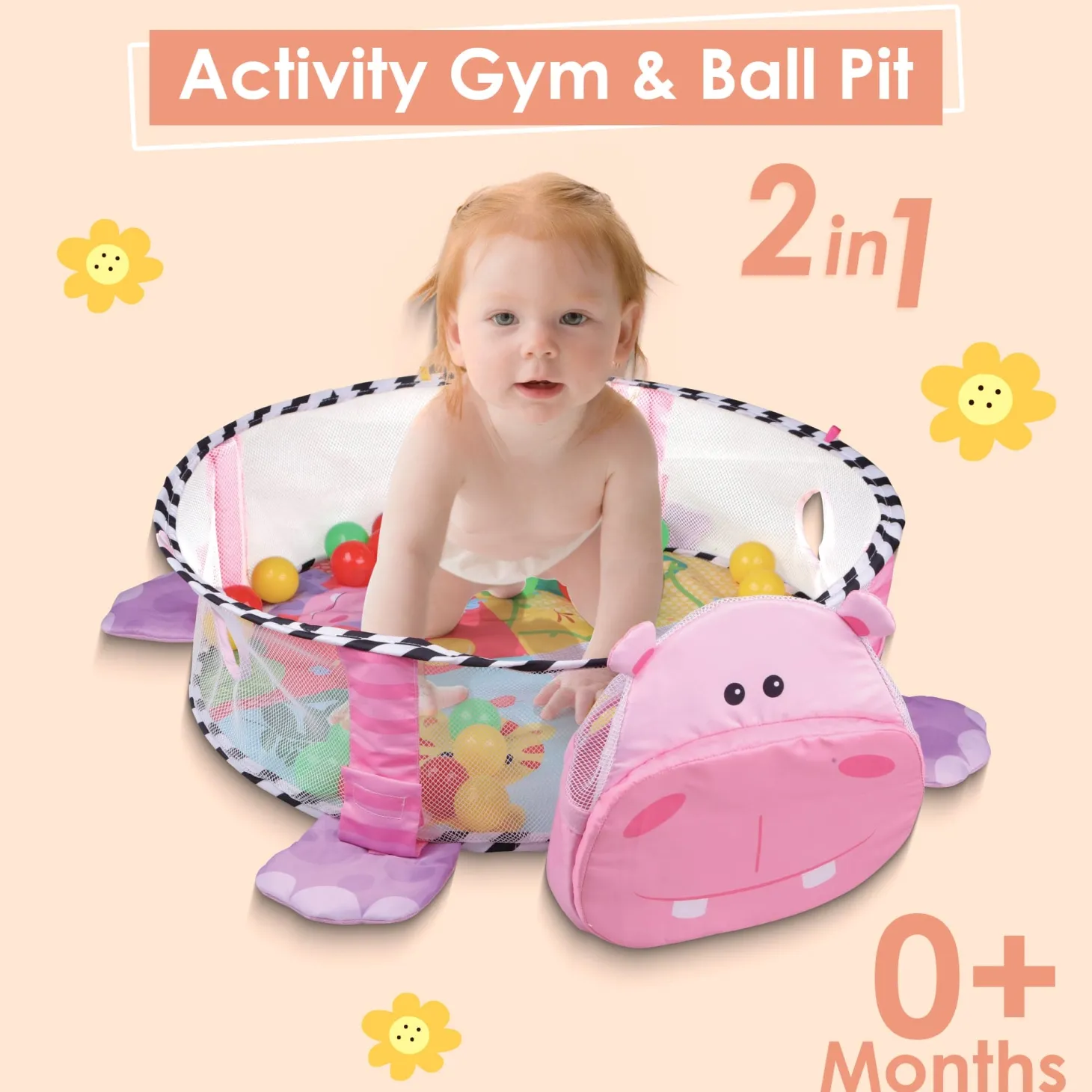 Hippo Infant Play Mat Activity Gym With Hanging Toys And Balls - Pink