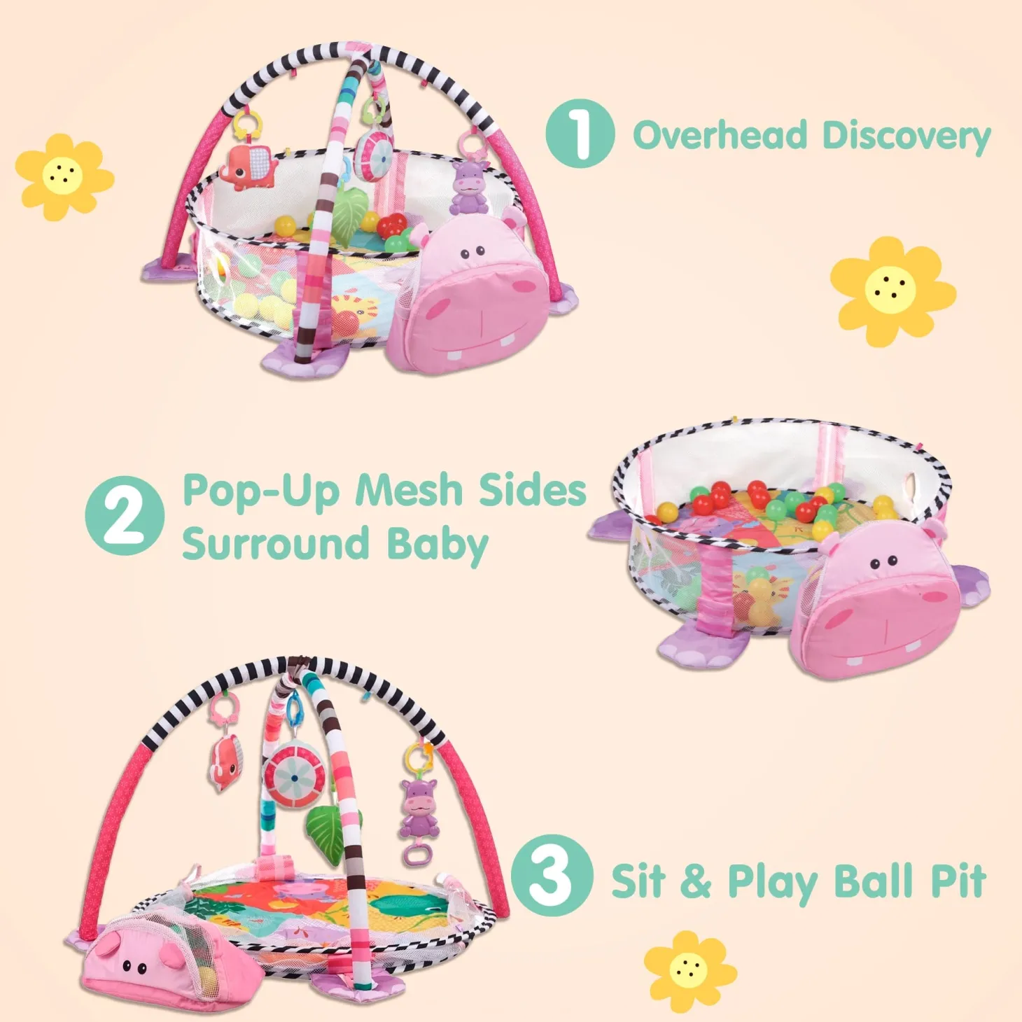 Hippo Infant Play Mat Activity Gym With Hanging Toys And Balls - Pink