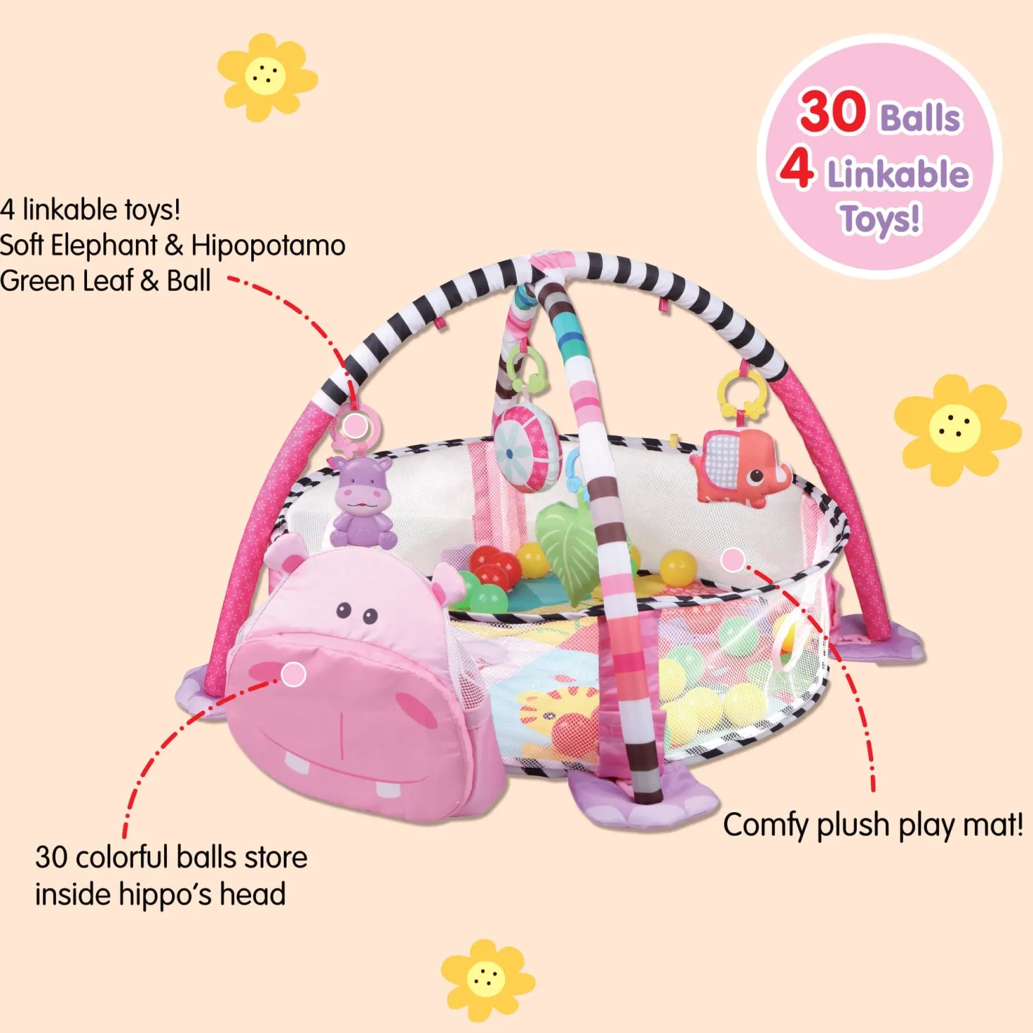 Hippo Infant Play Mat Activity Gym With Hanging Toys And Balls - Pink