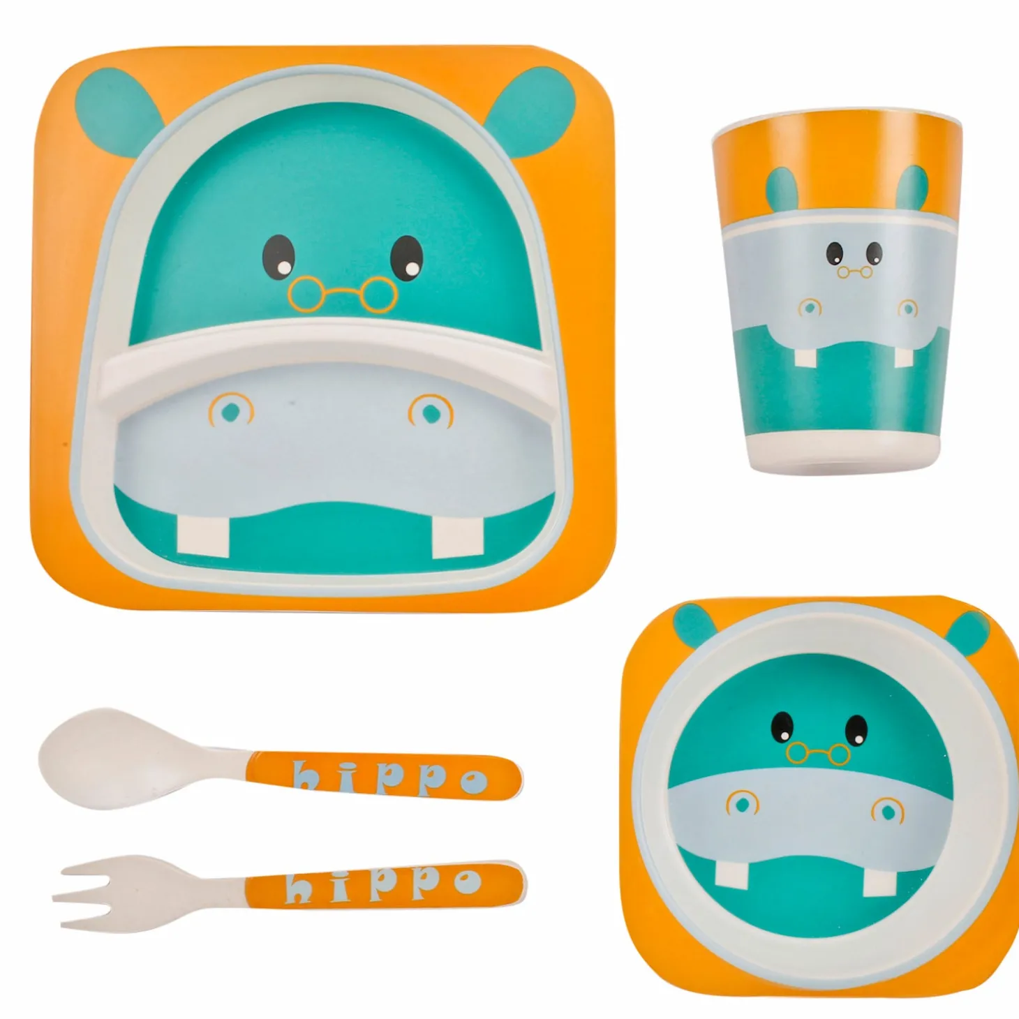 Hippo Orange And Green Bamboo Fiber Dinner Set Large