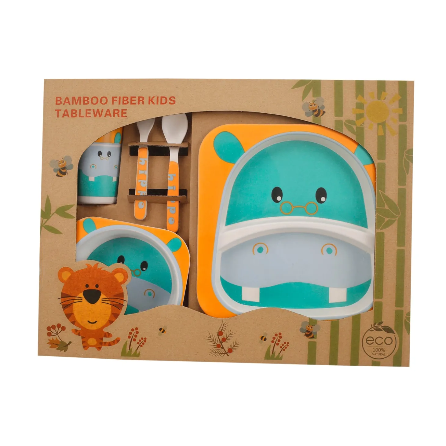 Hippo Orange And Green Bamboo Fiber Dinner Set Large