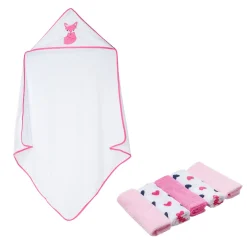 Hooded Towel And 5 Wash Cloth Gift Set Mrs Fox Heart Pink
