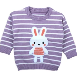 Hopping Rabbit Striped Premium Full Sleeves Knitted Sweater - Purple