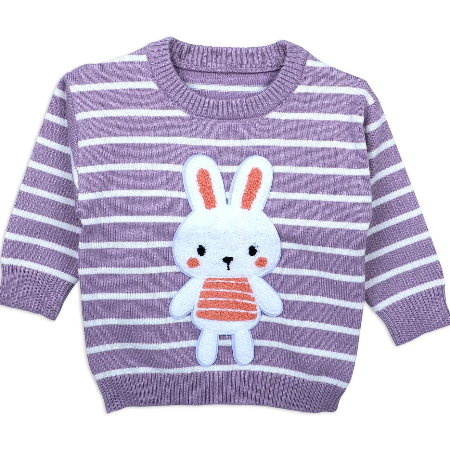 Hopping Rabbit Striped Premium Full Sleeves Knitted Sweater - Purple